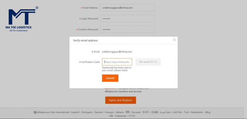 Điền mã code để xác nhận email