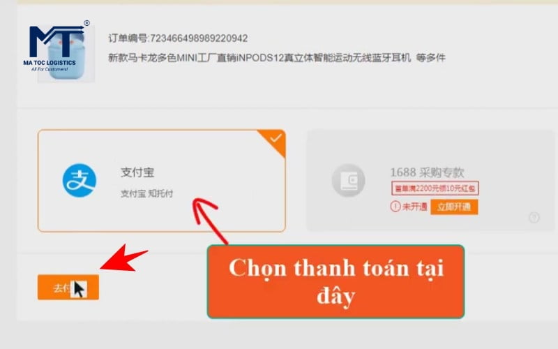 Chọn hình thức thanh toán Alipay