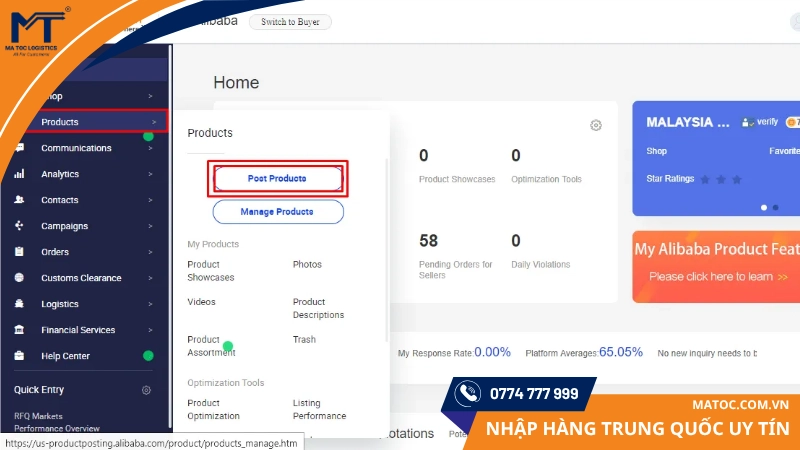 Để đăng sản phẩm trên Alibaba bạn chỉ cần vào Produuct -> Post Products Đăng sản phẩm trên Alibaba