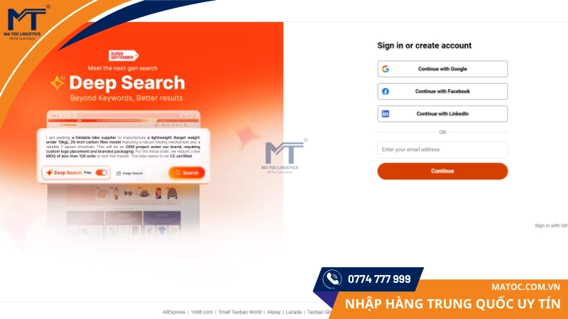 Đăng nhập vào sau khi đã tạo tài khoản Alibaba