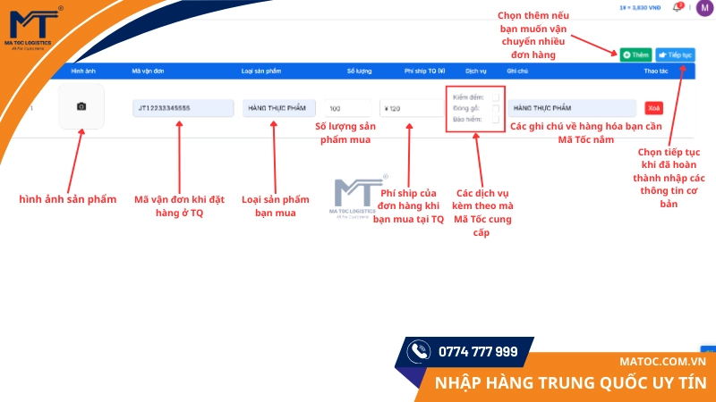 Nhập các thông tin vận chuyển cơ bản như trong ảnh