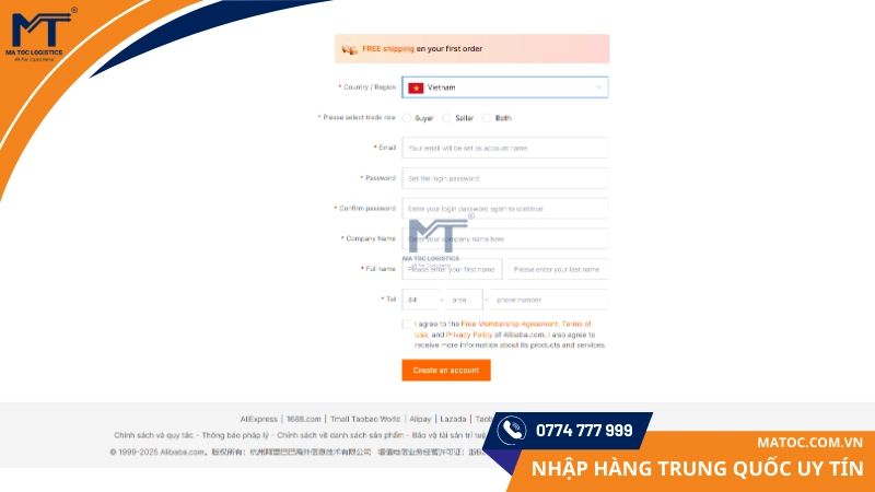 Nhập các thông tin đăng ký tài khoản Alibaba