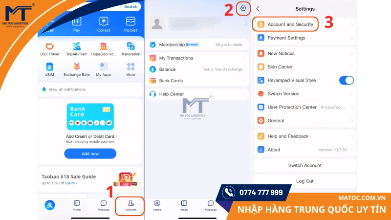 Đăng nhập vào Alipay và chọn Account and Security Đăng nhập vào Alipay và chọn Account and Security