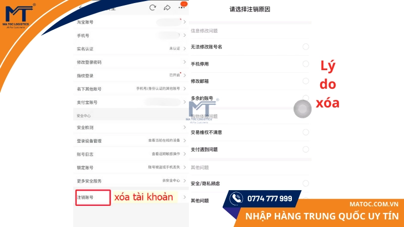 Chọn xóa tài khoản và Chọn lý do xóa Chọn xóa tài khoản và Chọn lý do xóa tài khoản Taobao