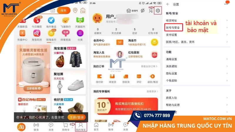 Chọn Tài khoản --> Cài đặt --> Tài khoản và Bảo mật như ảnh vào tài khoản và bảo mật taobao