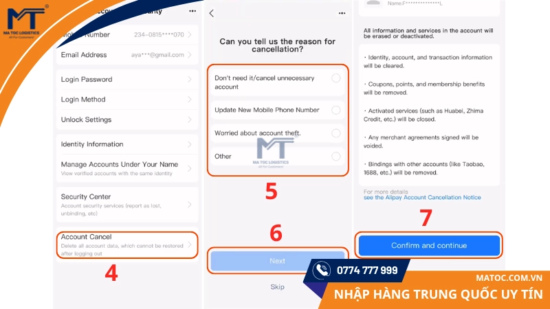 Thực hiện xóa tài khoản Alipay dựa theo các bước như hình Thực hiện xóa tài khoản Alipay dựa theo các bước như hình