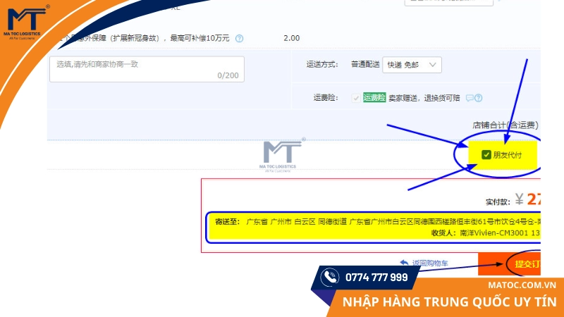 Tick chọn ô Nhờ người thanh toán hộ rồi gửi đơn hàng