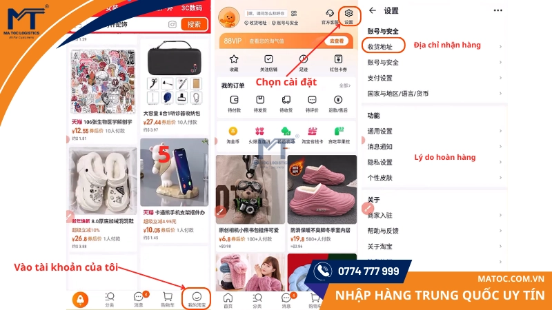 Vào phần cài đặt cá nhân rồi vào phần Cài đặt địa chỉ nhận hàng