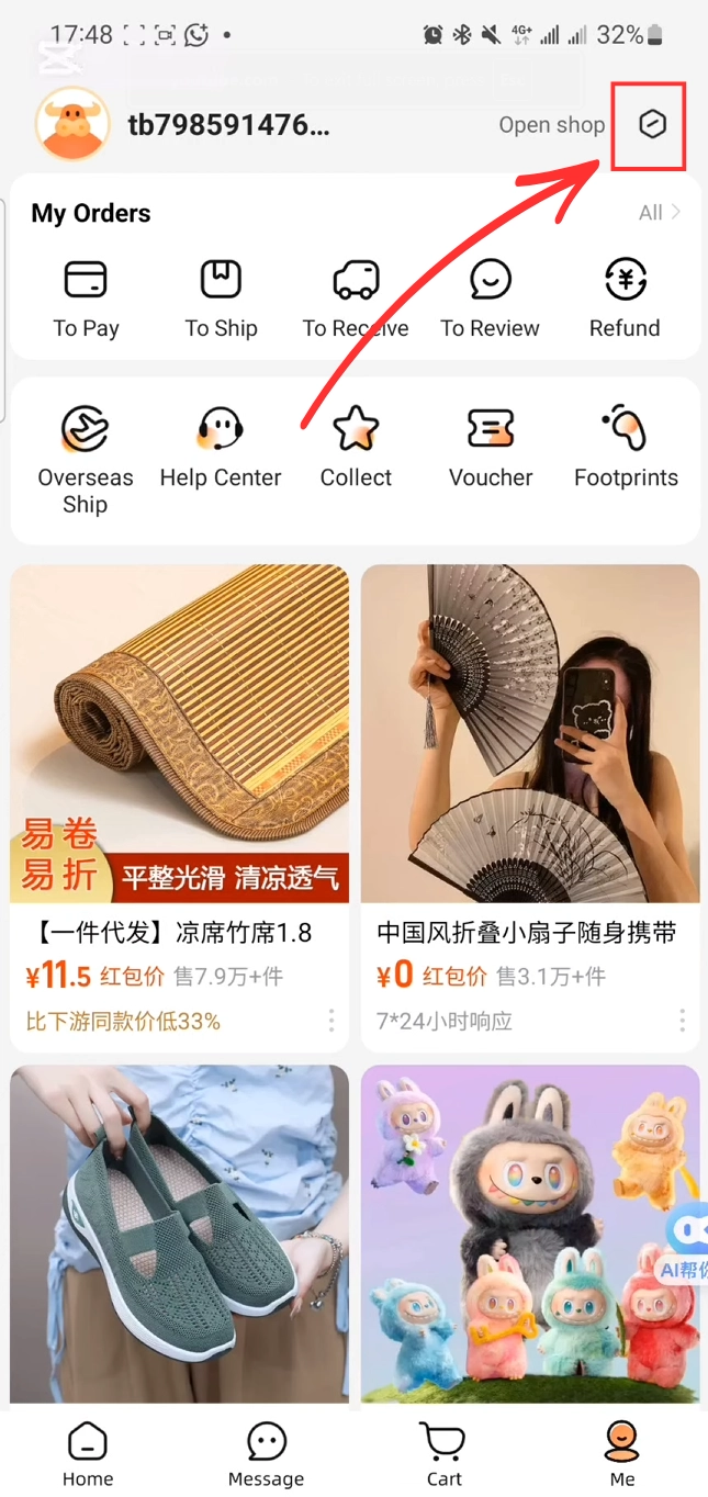 Chọn biểu tượng bánh răng ở góc trên cùng bên phải để vào phần thiết lập 1688